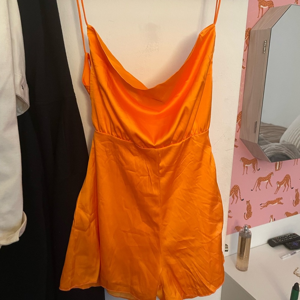 Brand new never worn bright orange silky romper, spaghetti straps